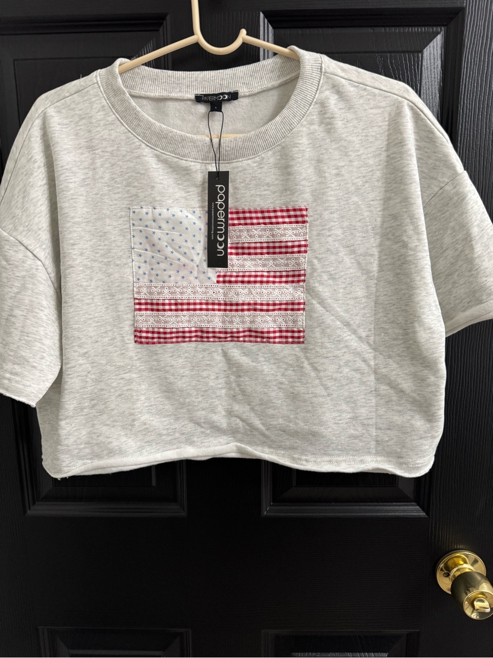 Papermoon Gray Cropped Tee with American Flag